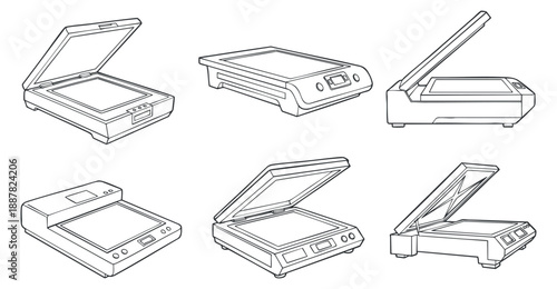 A collection of different scanner designs in clean outline vector style, suitable for technology and office equipment presentations