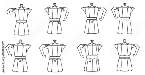 A collection of moka pots in black and white outline vector style, perfect for coffee-related designs and branding