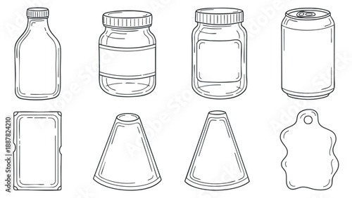 A collection of various food and beverage containers in clean outline vector style, ideal for packaging design and branding