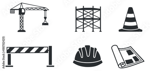 A set of construction-themed icons including a crane, scaffolding, safety cone, barrier, hard hat, and blueprint in black and white vector style, perfect for construction project graphics