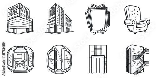 A collection of coworking and office-related illustrations in minimalist black and white vector style, ideal for workplace design projects