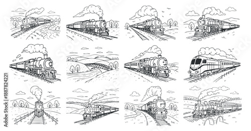 A collection of vintage and modern train illustrations in black and white outline style, ideal for transportation-themed designs