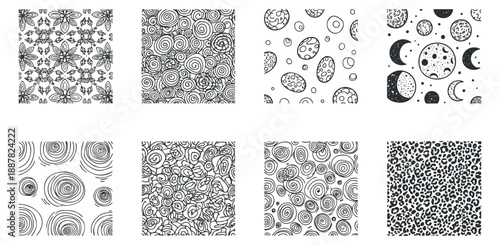 A collection of eight unique black and white patterns featuring floral designs, circles, moons, and leopard print in vector style, suitable for various creative projects