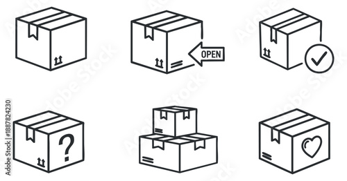 A collection of six packaging box icons in minimalist outline vector style, suitable for e-commerce and delivery services