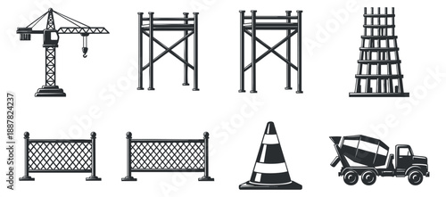 A set of construction icons including a crane, scaffolding, fence, traffic cone, and cement truck in black and white vector style, suitable for industry-related projects