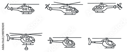 A collection of various helicopter designs in minimalist line art vector style, suitable for aviation-themed projects and illustrations.