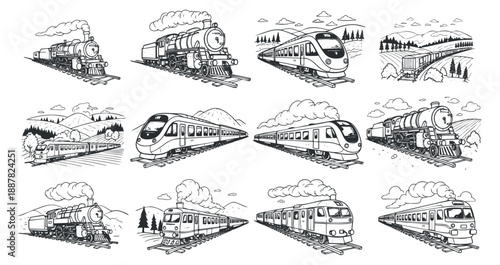 A collection of various train illustrations in black and white outline style, perfect for transportation-themed designs