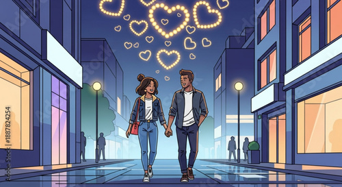 Couple walking hand in hand through illuminated city street at night
