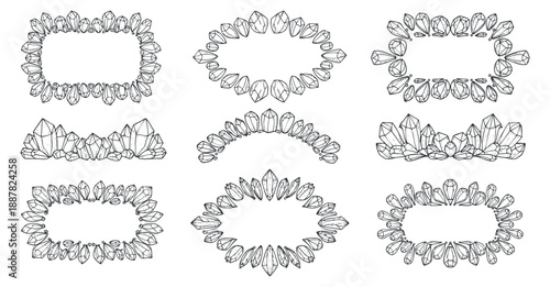 A set of decorative crystal frames in black and white line art vector style, ideal for elegant designs and invitations