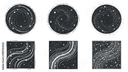 A collection of galaxy and star patterns in black and white minimalist vector style, suitable for space-themed designs