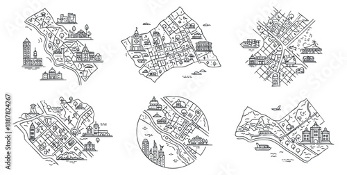 A collection of city maps in detailed outline vector style, suitable for travel guides and urban planning projects