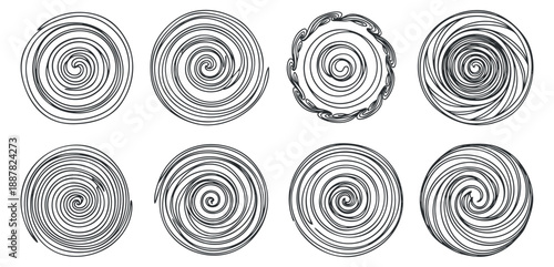 A collection of nine unique spiral swirl designs in black and white line art vector style, ideal for decorative projects and backgrounds