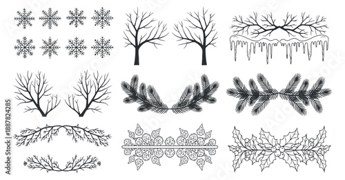 A collection of winter-themed decorative elements including snowflakes, trees, branches, icicles, and floral designs in black and white vector style, suitable for holiday-themed projects and designs