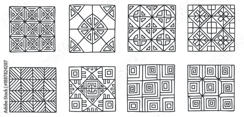 A collection of eight geometric patterns in black and white minimalist vector style, suitable for creative projects and backgrounds