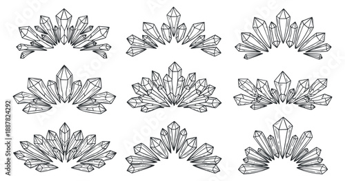 A set of decorative crystal illustrations in minimalist black line art style, suitable for creative projects and design elements