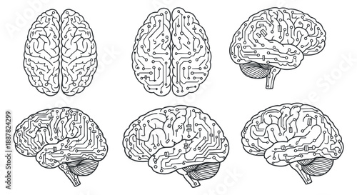 A collection of six brain illustrations with circuit patterns in minimalist black outline vector style, suitable for technology and neuroscience projects