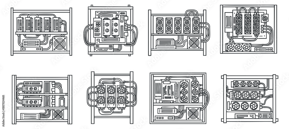 Naklejka premium A collection of electrical power distribution panels and circuit designs in black and white outline vector style, suitable for technology and engineering projects
