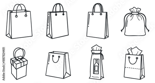 A collection of various bags including shopping bags, gift boxes, and pouches in black and white outline vector style, ideal for retail branding and packaging design