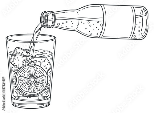 A glass filled with ice and lemon slices as a beverage is poured from a bottle in outline vector style, perfect for summer refreshment designs