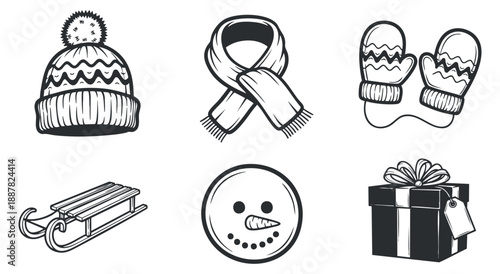 A collection of winter-themed icons including a warm hat, scarf, mittens, sleigh, snowman, and gift box in black and white vector style, perfect for seasonal designs and holiday projects
