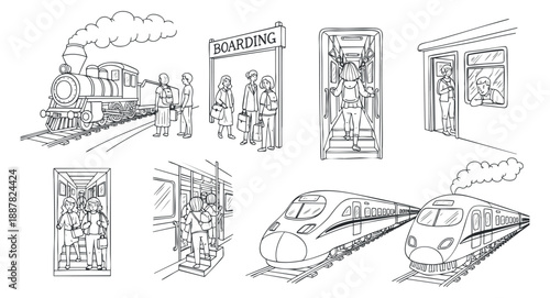 A collection of train travel illustrations featuring a vintage steam locomotive, boarding scene at a station, and modern trains in outline vector style, suitable for travel-related designs