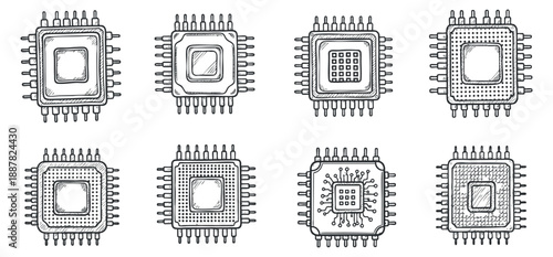 A collection of various microchip illustrations in black outline vector style, suitable for technology and electronics designs