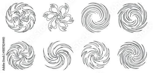 A collection of eight unique swirl designs in black outline vector style, suitable for branding and creative projects