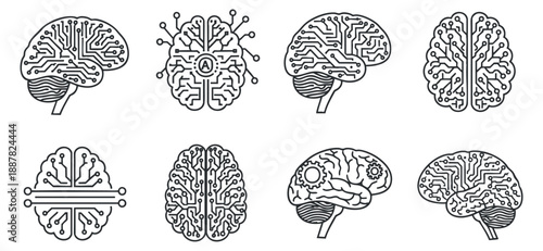 A collection of brain icons with circuit designs in modern outline vector style, suitable for technology and innovation projects