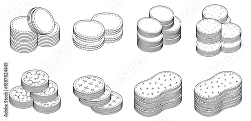 A collection of various cookie designs in black and white outline vector style, perfect for bakery branding and food packaging