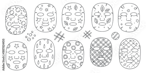 A collection of facial masks with various designs and patterns in black outline vector style, ideal for beauty and wellness projects