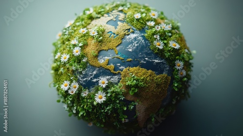 Lush Green Earth Covered in Daisy Flowers earth green lush flowers planet globe nature environment
