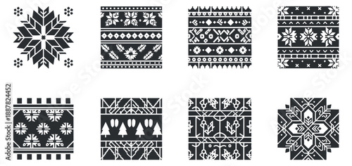 A collection of eight decorative black and white patterns featuring floral and geometric designs in minimalist vector style, perfect for textile and craft projects