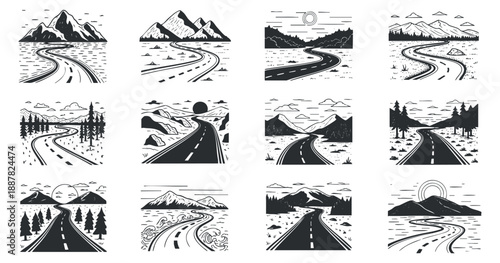 A collection of black and white vector illustrations featuring scenic roads and mountainous landscapes, perfect for travel-themed projects
