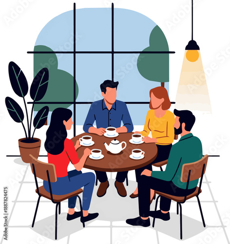 Create a realistic Group of three friends sitting in a cafeteria and drinking coffee and talking vector art with white background.