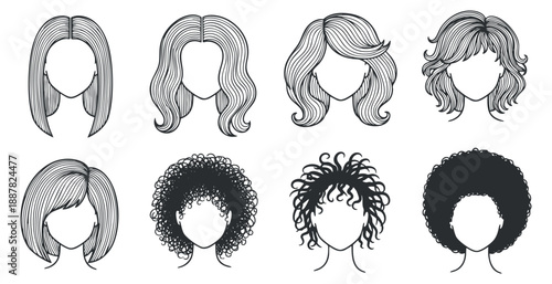 A collection of eight diverse women’s hairstyles in black and white line art vector style, suitable for beauty and fashion design
