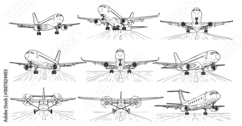 A collection of airplane sketches showing various perspectives in black and white outline vector style, suitable for aviation-related projects