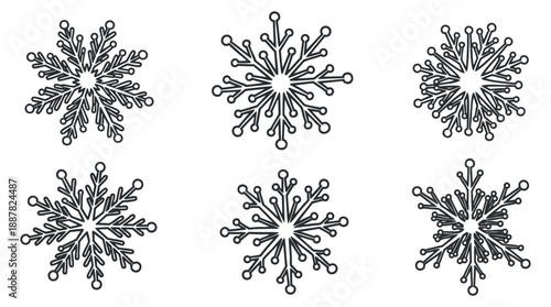 A collection of six decorative snowflakes in black outline vector style, perfect for winter-themed designs and holiday decorations