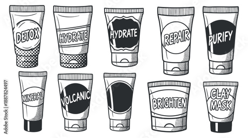 A collection of skincare product tubes labeled with detox, hydrate, repair, purify, and more in black and white minimalist vector style, ideal for beauty branding and packaging