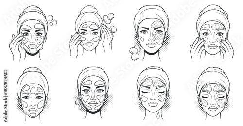 A collection of eight line art illustrations depicting a woman’s facial skincare routine in minimalist vector style, perfect for beauty and wellness projects