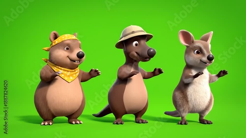 Three cheerful 3D animated marsupials, resembling quokkas or wallabies, happily wave their arms and perform a synchronized dance routine against a vibrant chroma key green background, perfect.