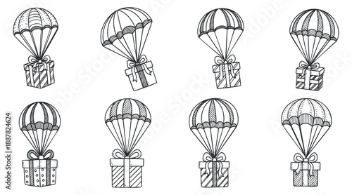 A collection of hand-drawn gift boxes with hot air balloons in black and white outline vector style, ideal for festive designs and celebrations