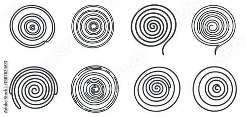 A collection of eight abstract spiral designs in black line art style, perfect for creative projects or modern graphics