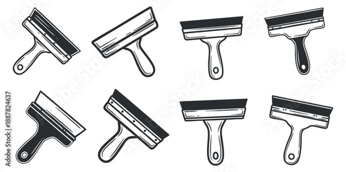 A set of various scraper and squeegee tools in black and white outline vector style, ideal for home improvement projects