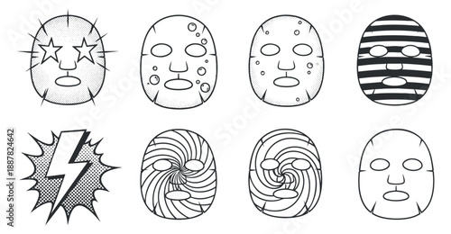 A collection of eight unique face masks in black and white outline style, ideal for graphic design and creative projects