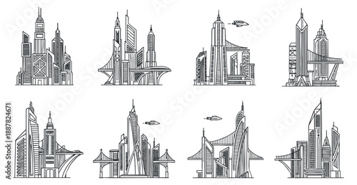 A collection of modern city skyscrapers and buildings in a linear black and white vector style, suitable for urban design projects
