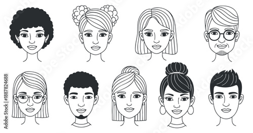A collection of diverse illustrated faces in black and white outline style, suitable for creative projects and character design