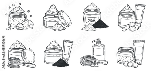 A collection of skincare and beauty product illustrations featuring jars, creams, and scrubs in black and white outline vector style, perfect for wellness branding and packaging