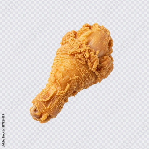 A delicious, crispy golden-brown fried chicken drumstick with a textured, crunchy crust. This classic fast food item is perfect as a tasty and satisfying snack.