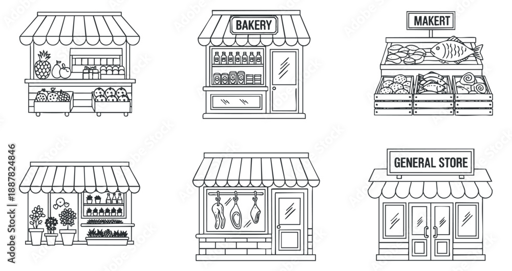 Obraz premium A collection of outline illustrations featuring various storefronts including a bakery, market, and general store in minimalist black and white vector style, suitable for retail design projects.