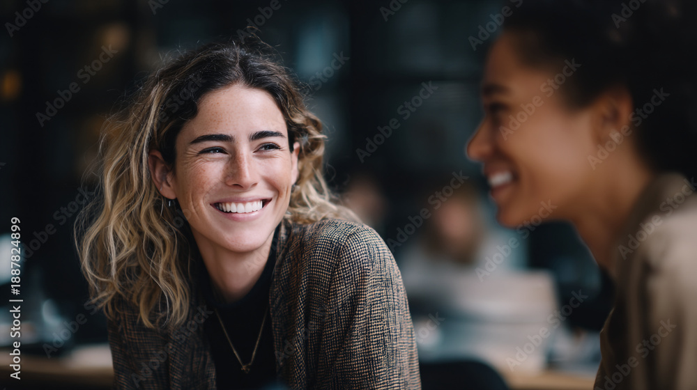 Fototapeta premium Two smiling young women chatting and laughing together in a modern office setting indoors